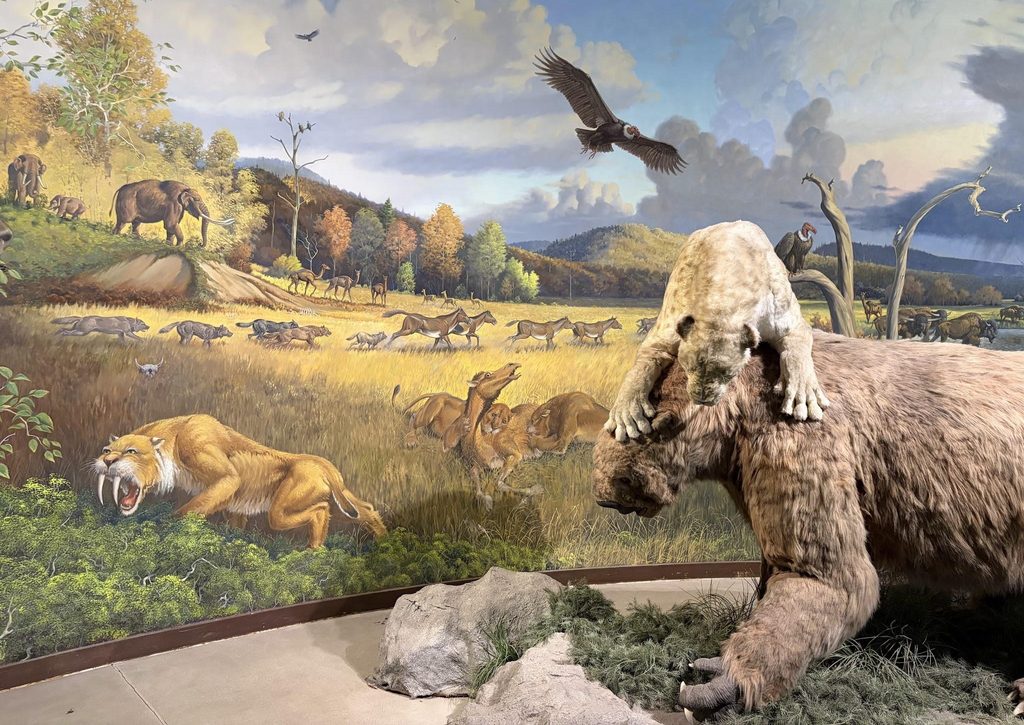 A mural depicting life in Pleistocene Los Angeles, showing the diverse animal and plant life that inhabited the region when the La Brea Tar Pits were being deposited. Recreations of a saber-toothed cat hunting a ground sloth are seen in the foreground in front of the mural.